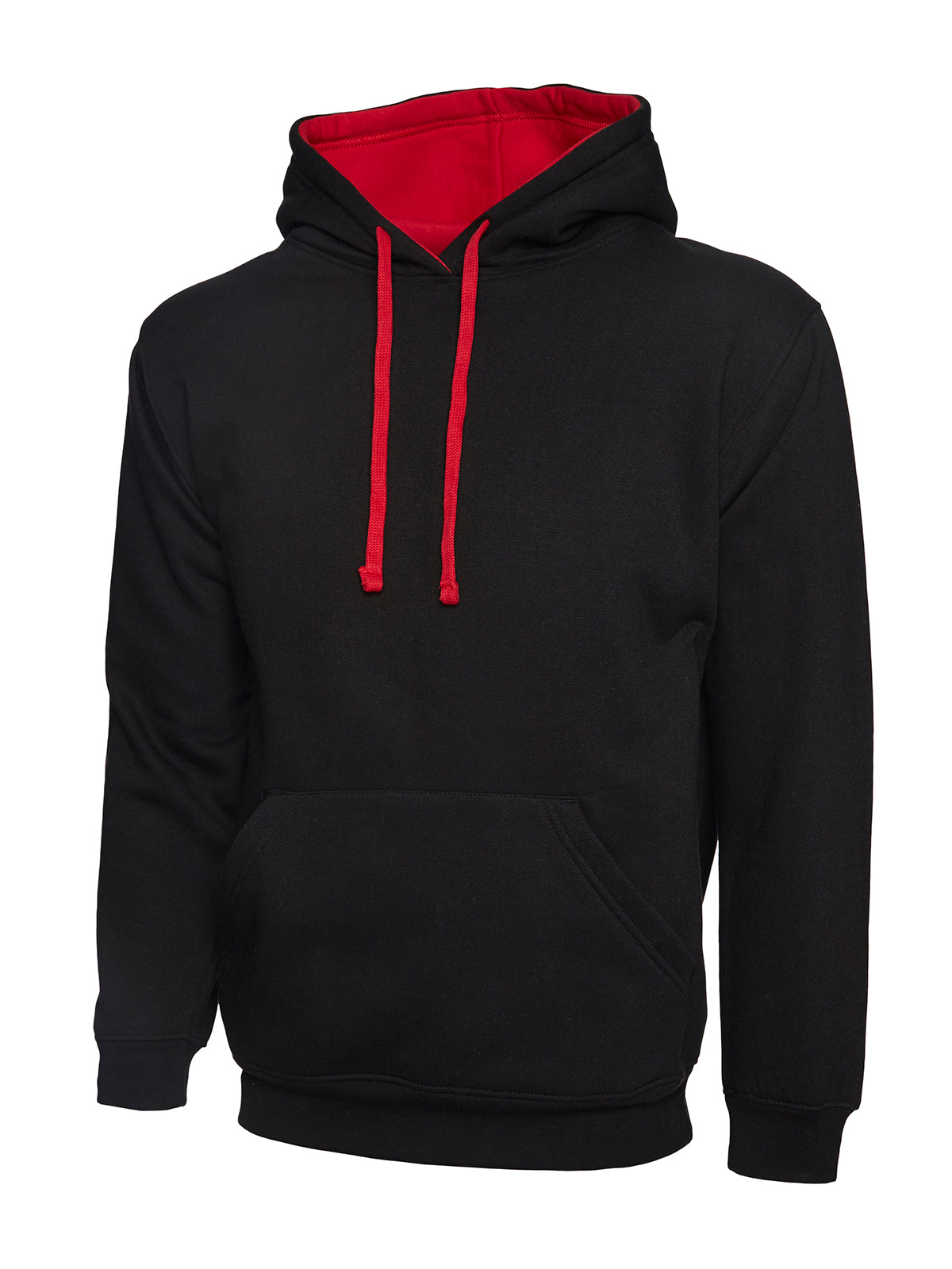Uneek Contrast Hooded Sweatshirt in Black/Red, front view