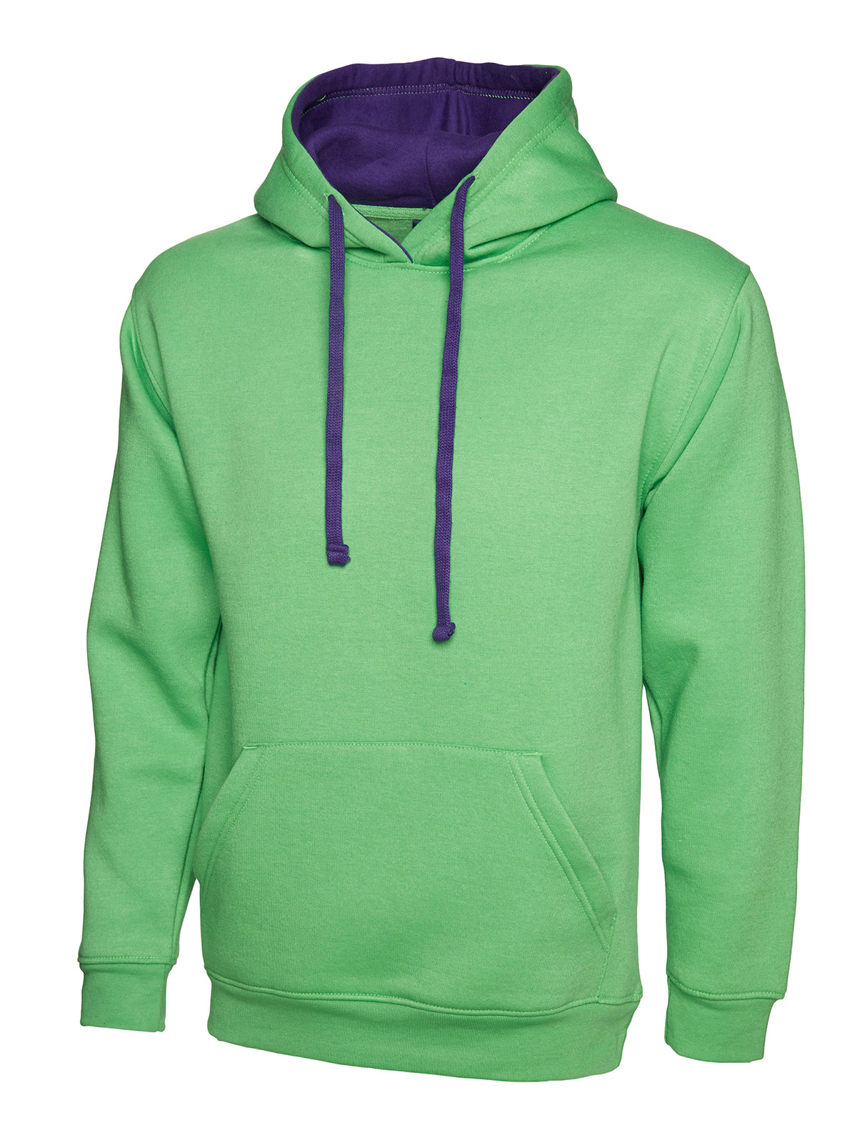 Uneek Contrast Hooded Sweatshirt in Lime/Purple