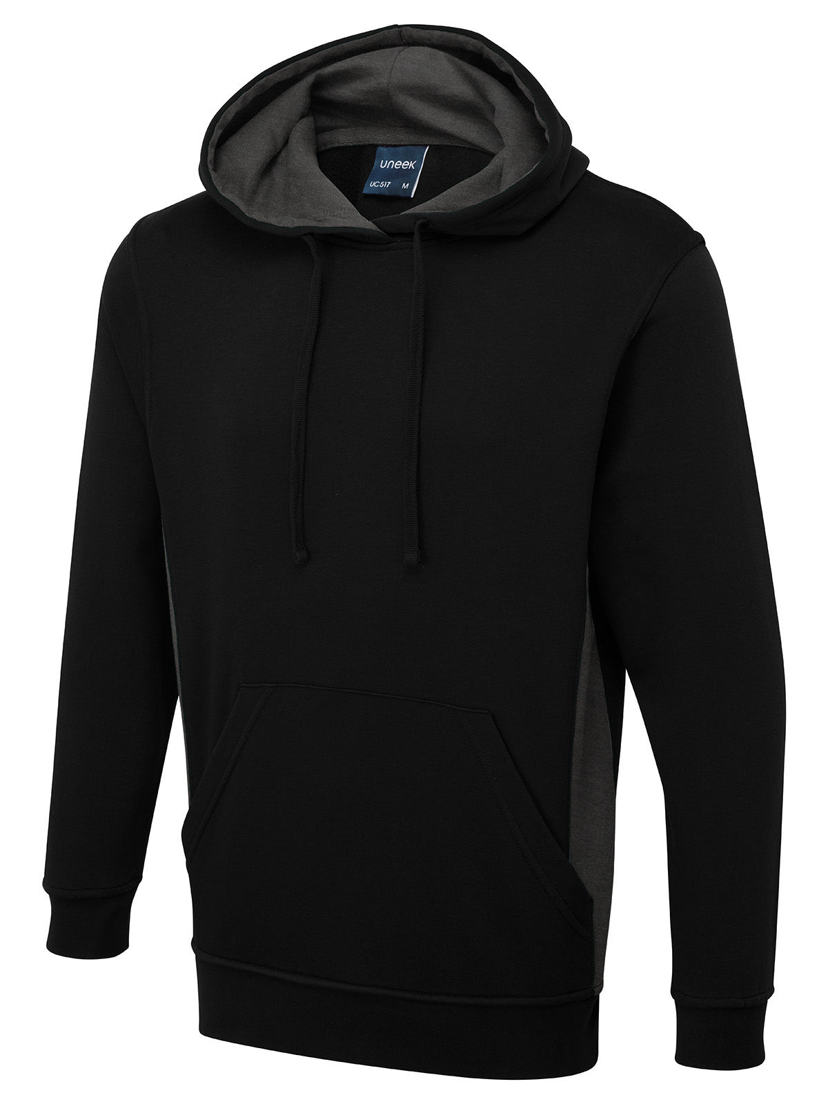 Uneek Two Tone Hooded Sweatshirt in Black/Charcoal, front view