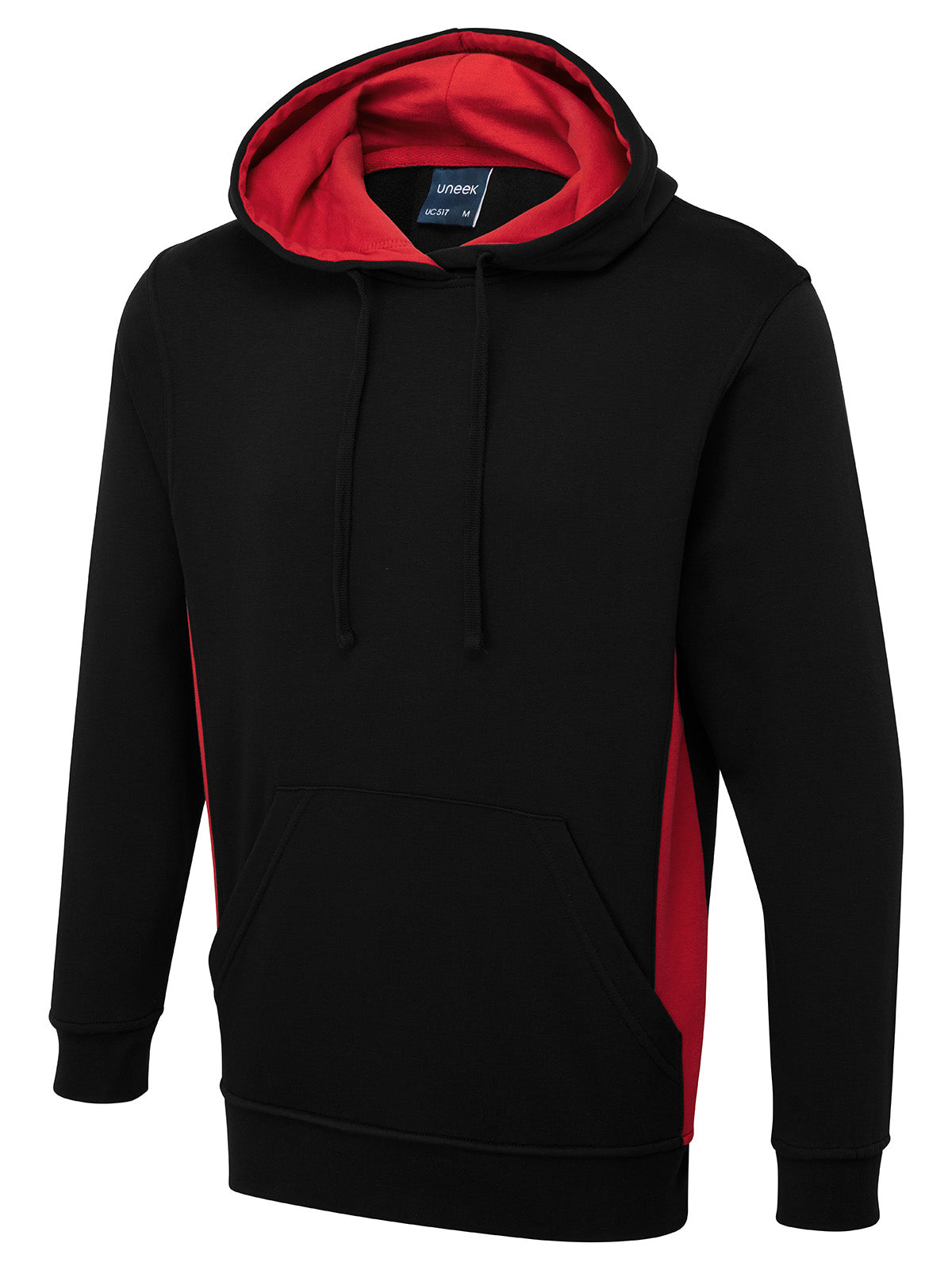 Uneek Two Tone Hooded Sweatshirt in Black/Red