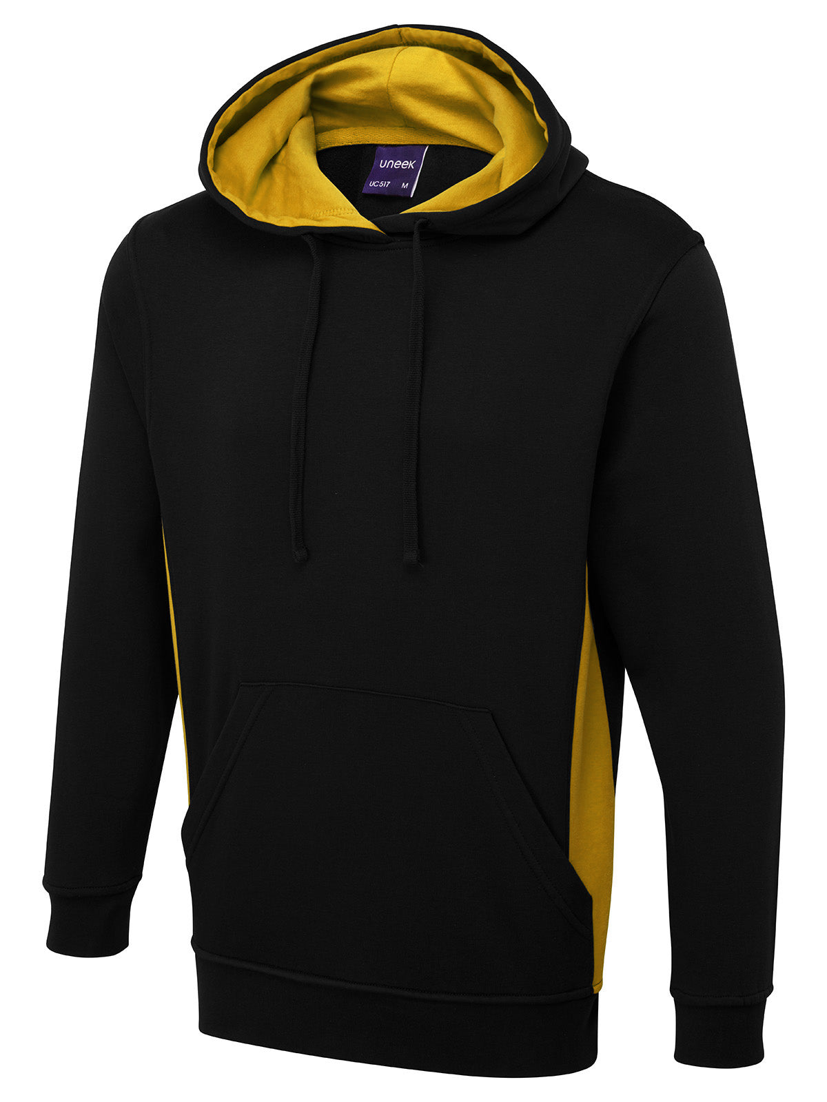 Uneek Two Tone Hooded Sweatshirt in Black/Yellow