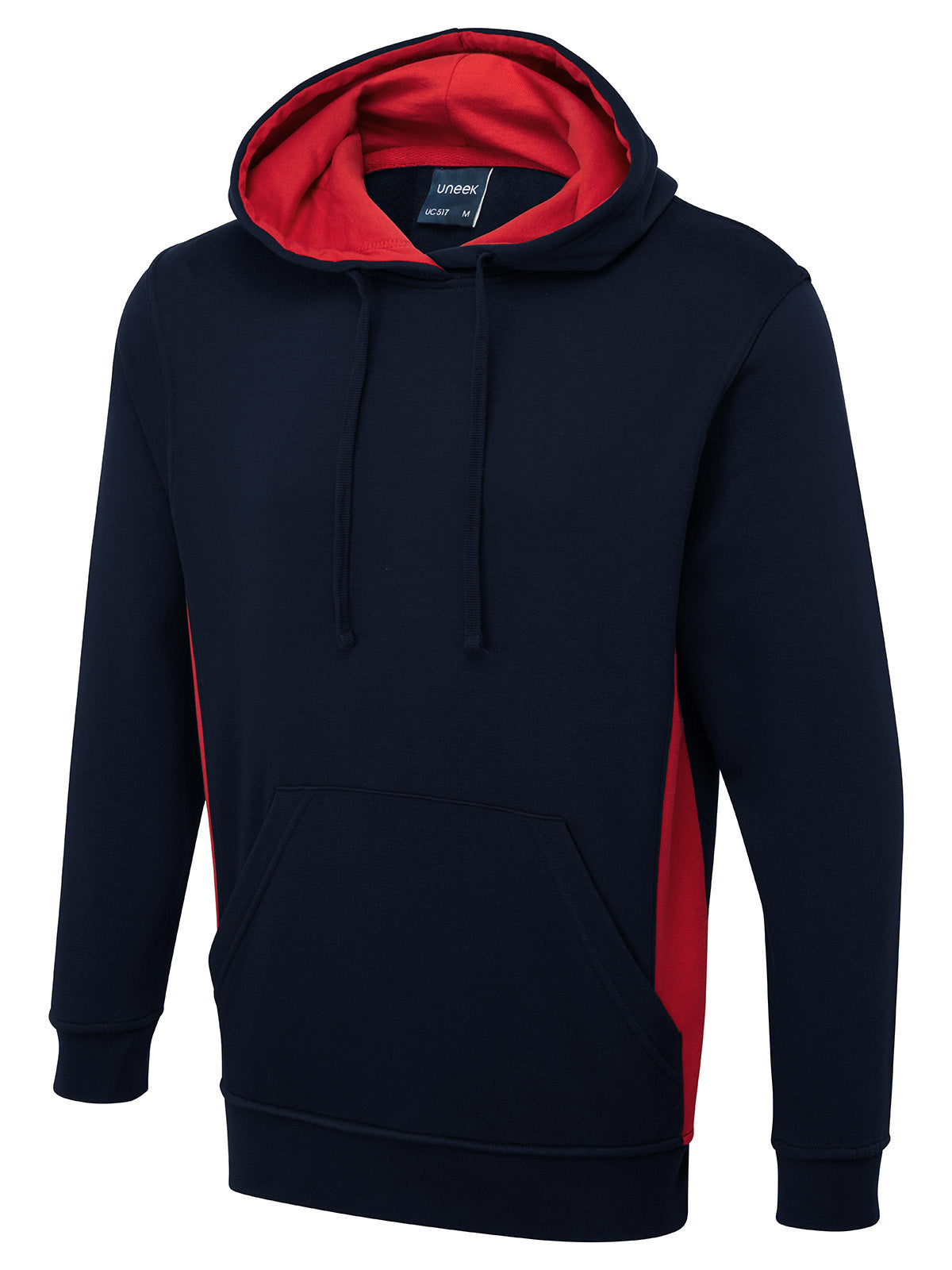 Uneek Two Tone Hooded Sweatshirt in Navy/Red