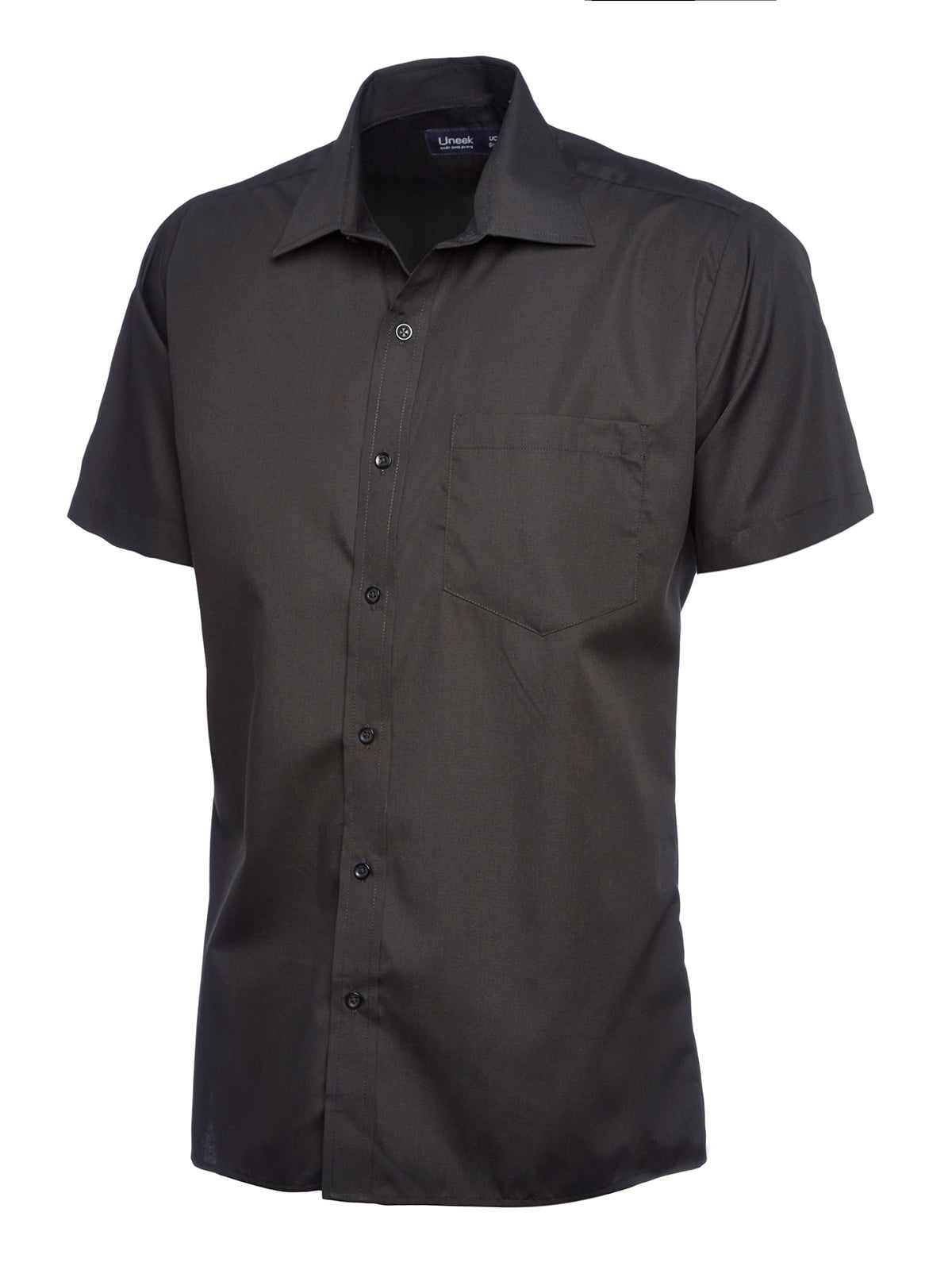 Uneek Mens Poplin Half Sleeve Shirt in Black, back view
