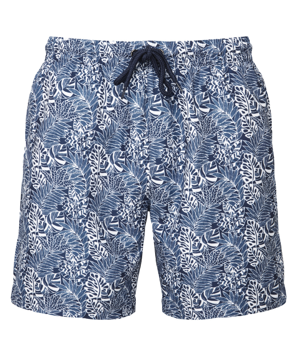 Wombat Men's swim shorts in White/Navy Leaf, front view