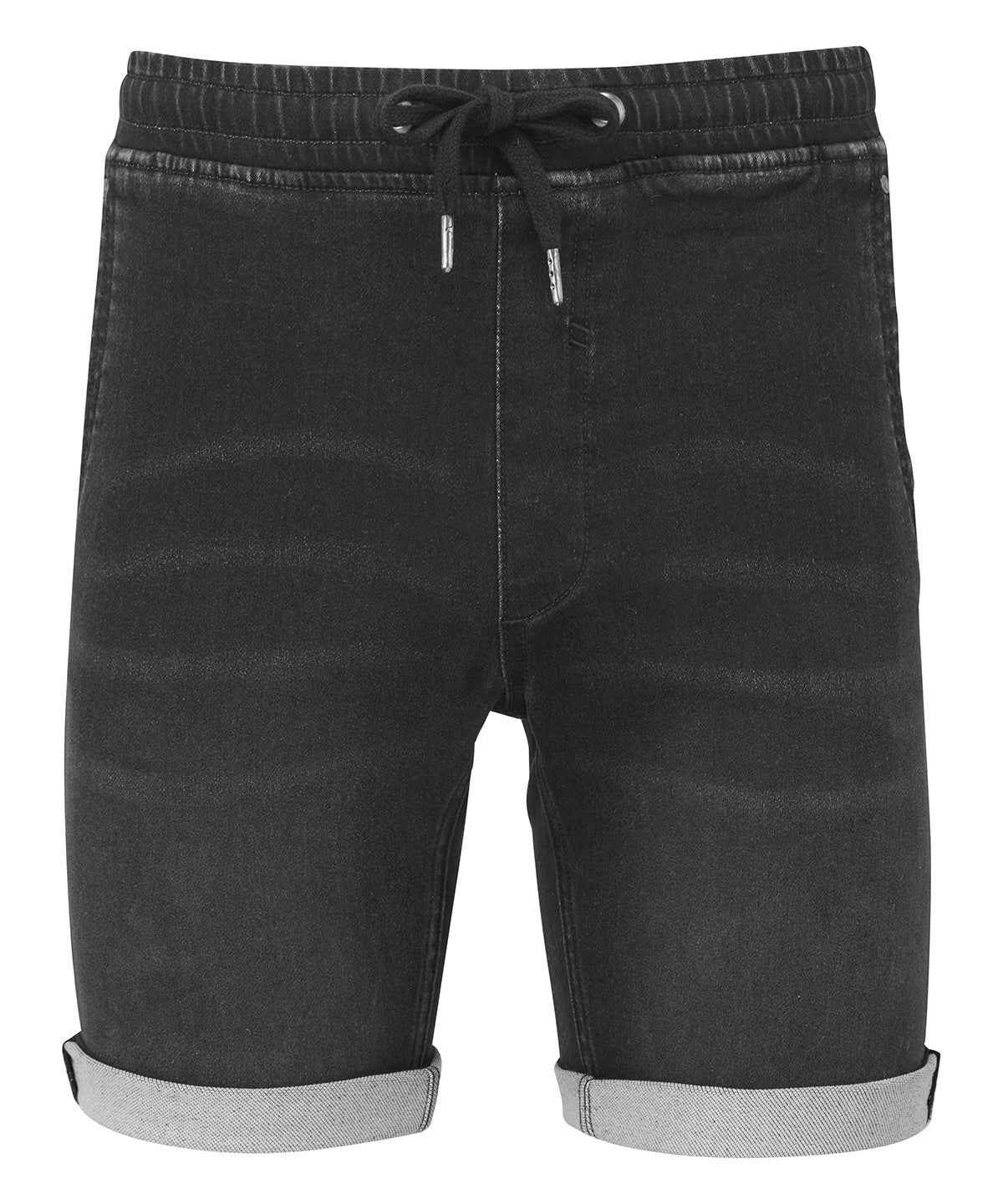 Wombat Men’s denim drawstring shorts in Black, front view