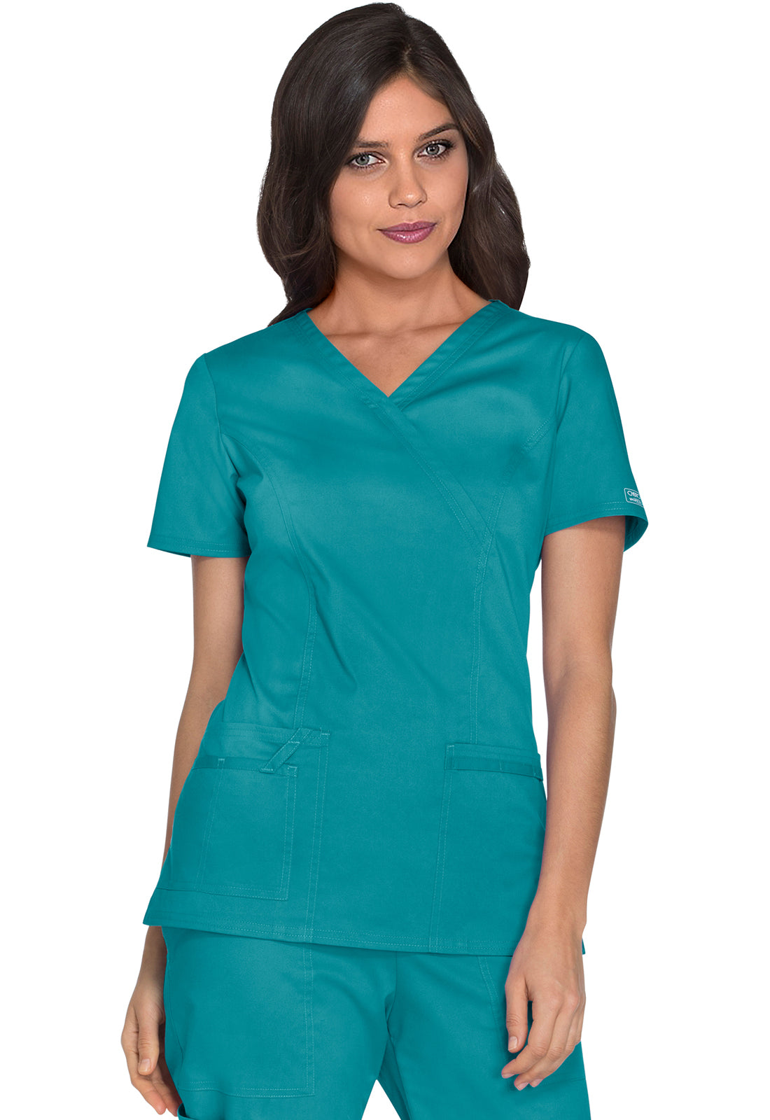 Cherokee WWE4728 Mock Wrap Top - Teal Blue (front)
