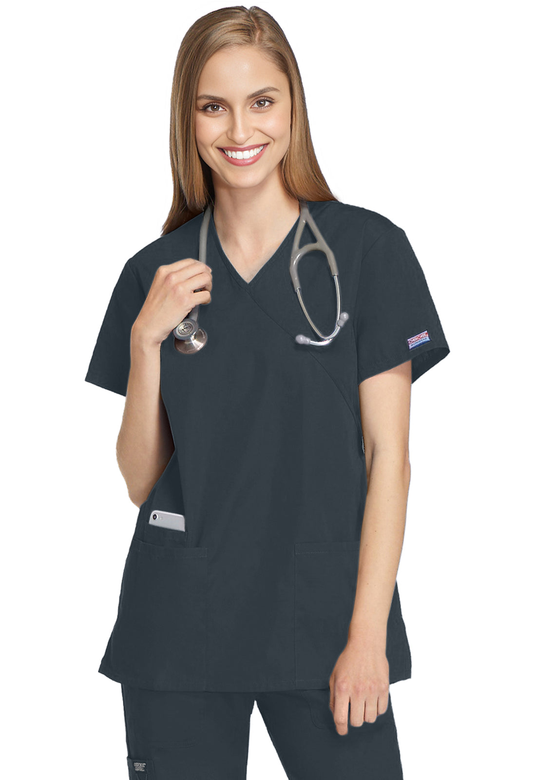 Cherokee WWE4801 Mock Wrap Tunic - Pewter (front)