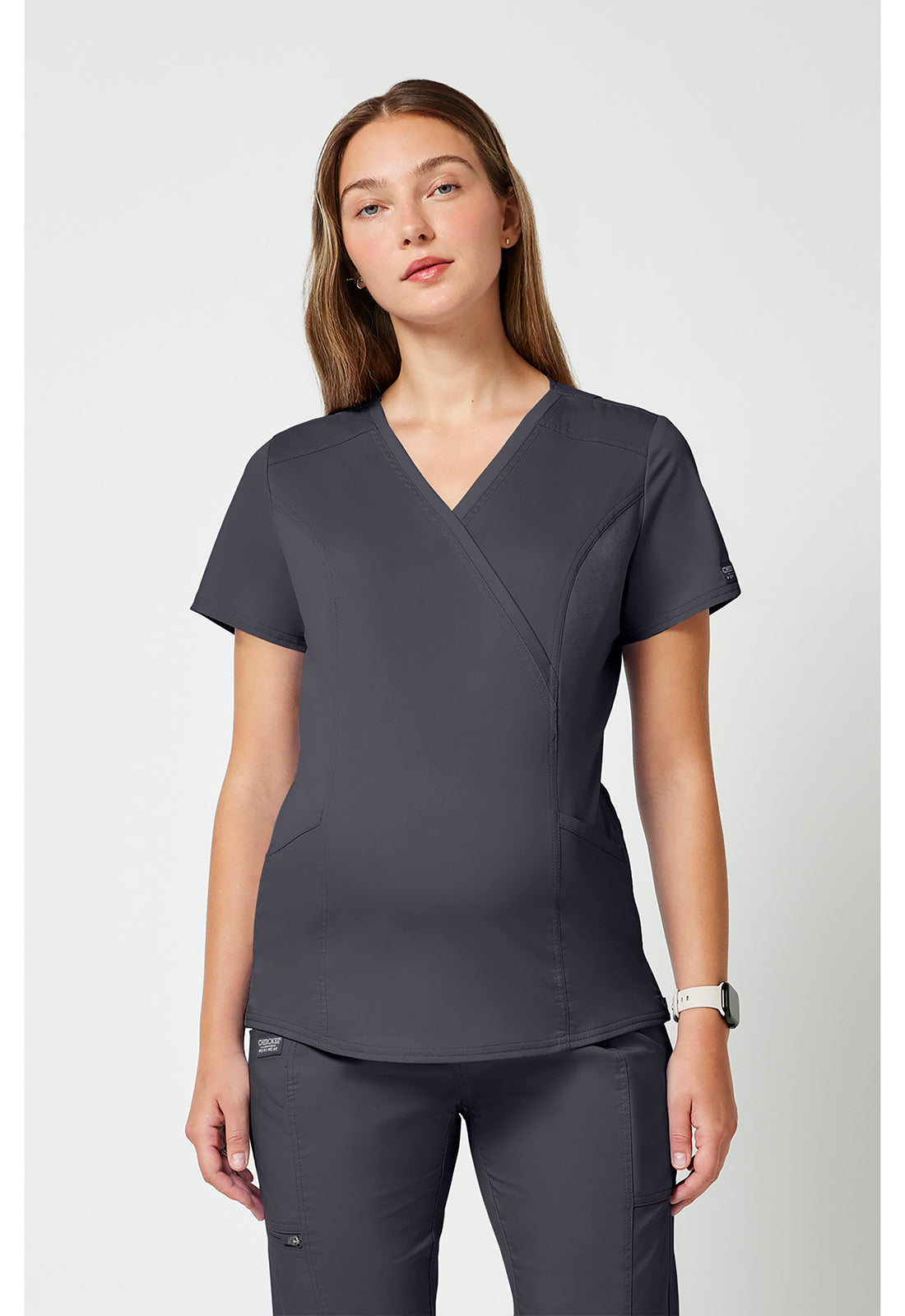 Cherokee WWE688 Maternity Mock Wrap Top - Pewter (front)