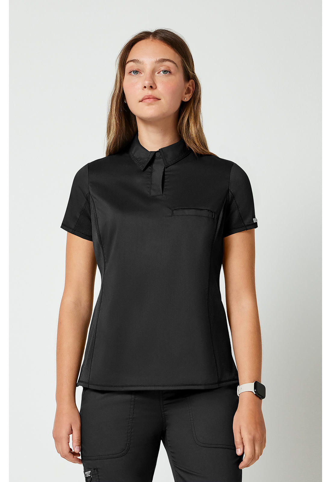 Cherokee WWE698 Tuckable Snap Front Polo Shirt - Black (front)