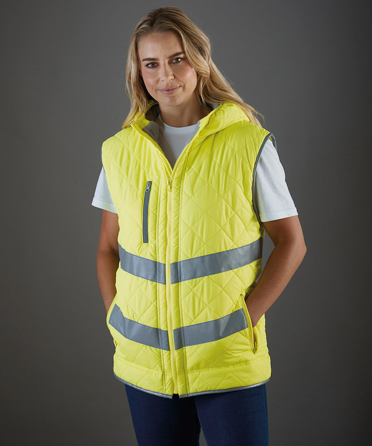 Yoko Hi-vis Kensington hooded gilet, lifestyle photo
