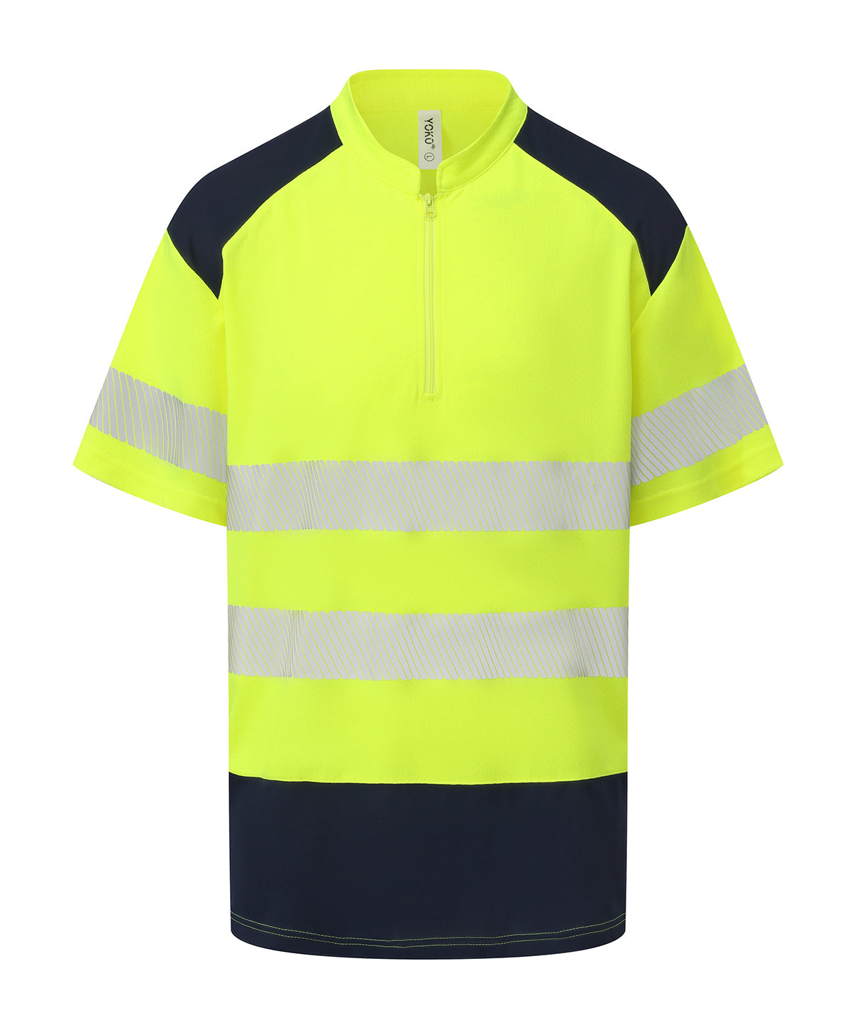 Yoko Hi-vis mandarin collar zip neck comfort trim polo in Hi-vis Yellow/Navy, front view