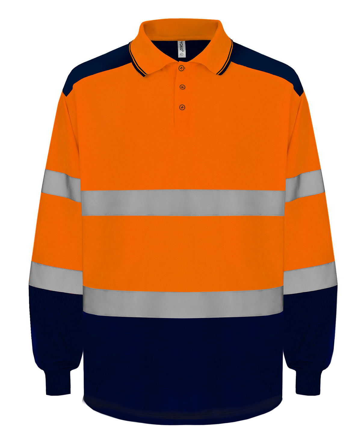 Yoko Hi-vis two-tone long sleeve polo in Hi-vis Orange/Navy, front view
