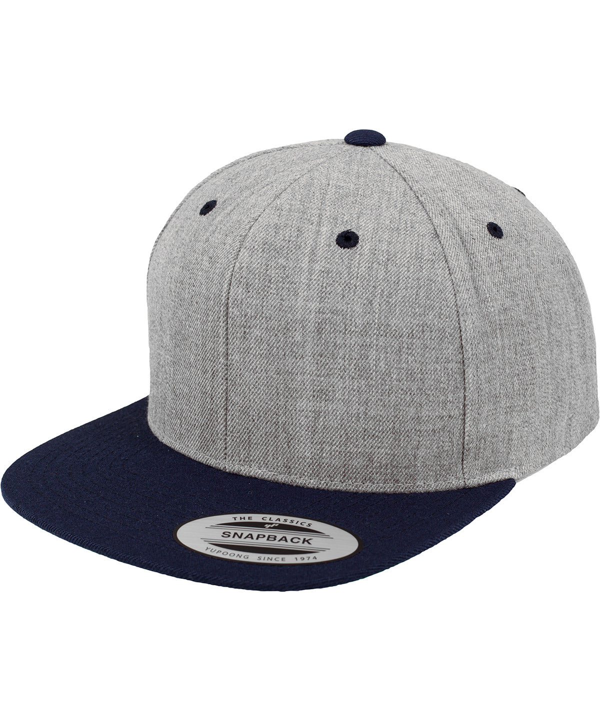 Flexfit by Yupoong The classic snapback 2-tone in Heather/Navy, front view