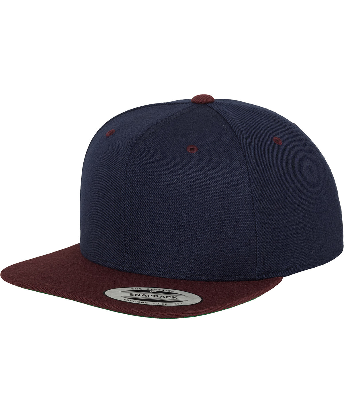 Flexfit by Yupoong The classic snapback 2-tone in Navy/Maroon, front view