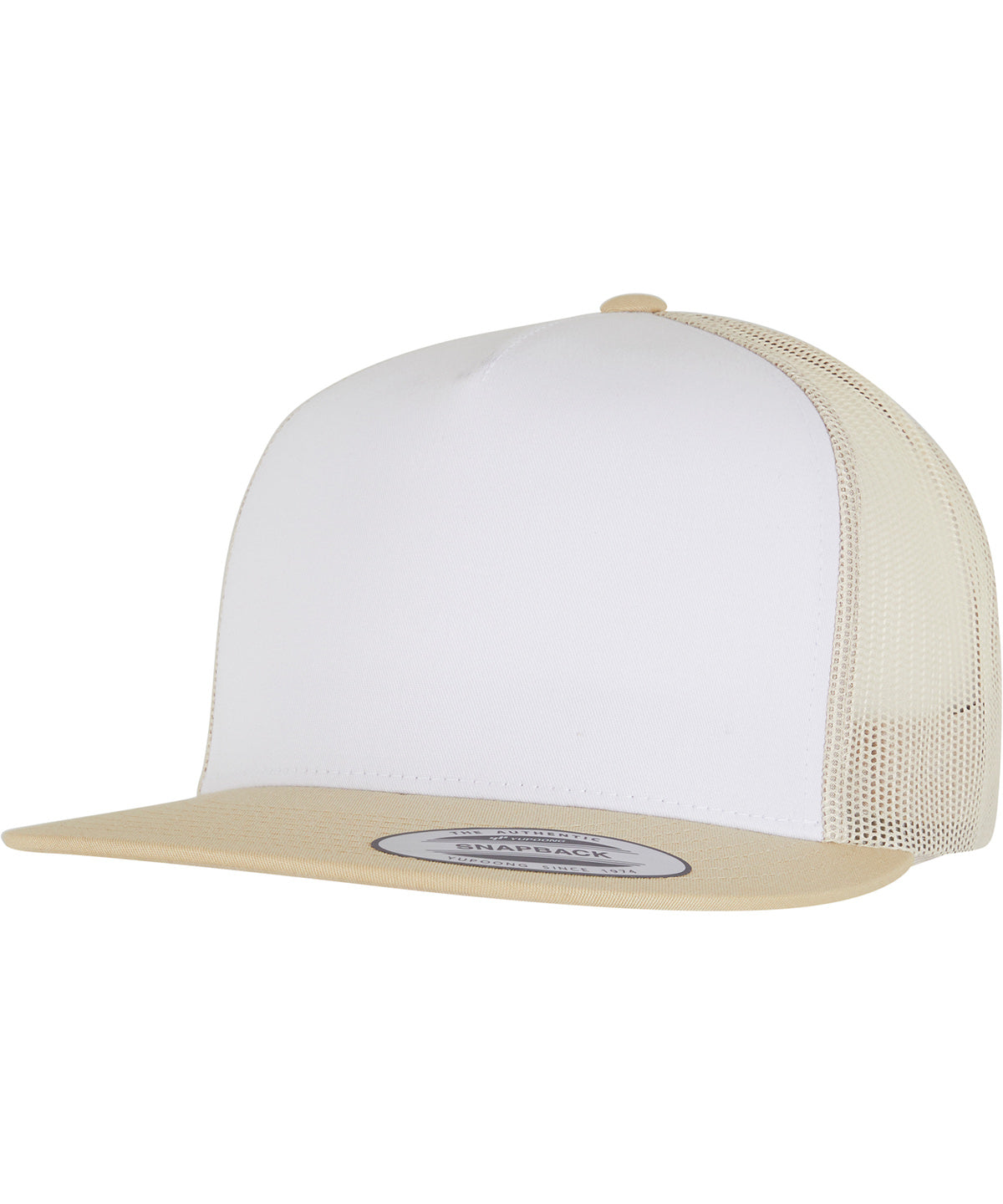 Flexfit by Yupoong Classic trucker in Gold/White/Beige, front view