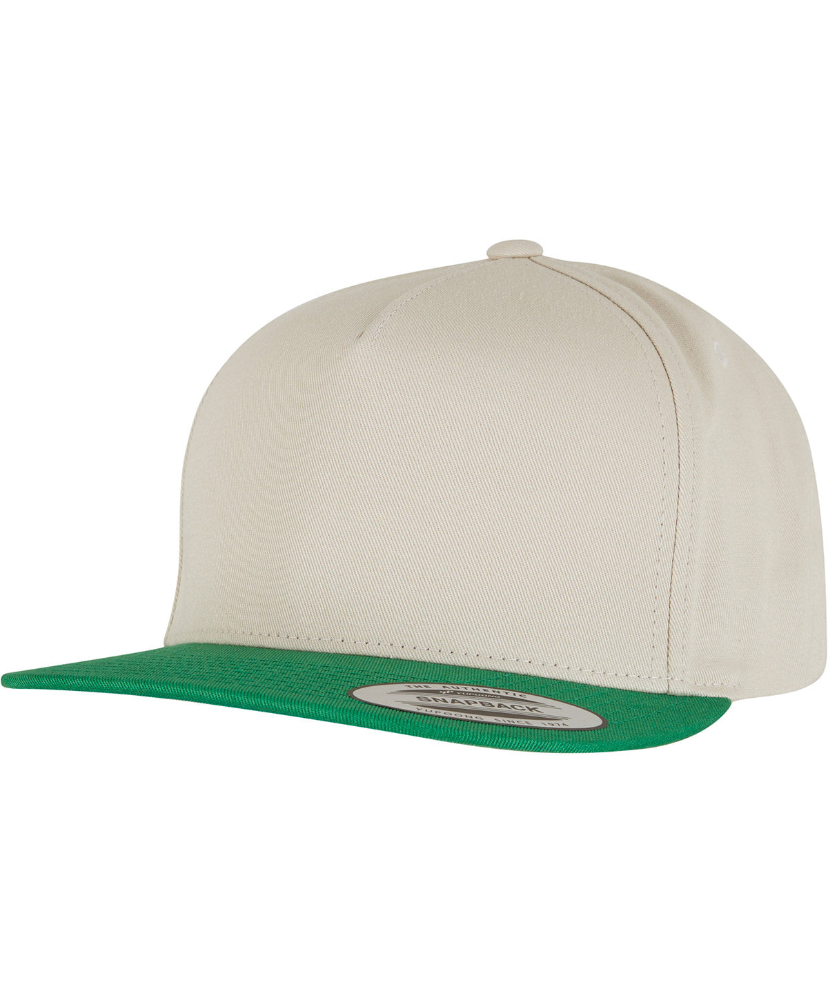 Flexfit by Yupoong Classic 5-panel snapback in Beige/Green, front view