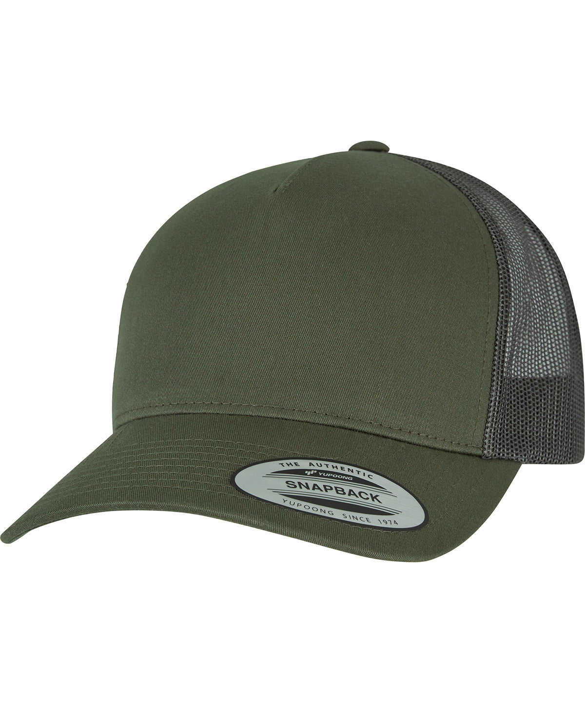 Flexfit by Yupoong 5-Panel retro trucker cap in Chocolate Chip/Greyish Brown, front view