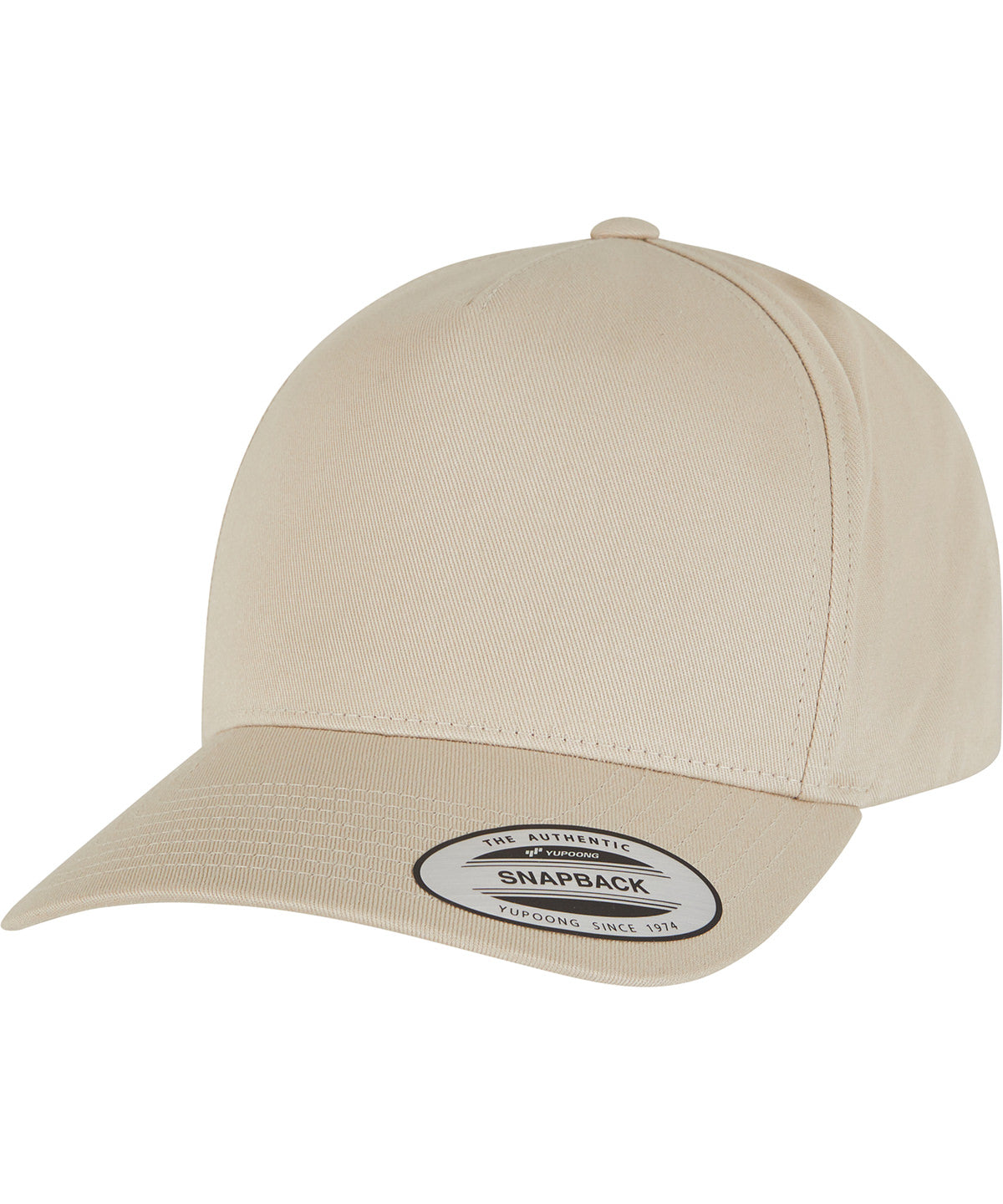 Flexfit by Yupoong 5-panel curved classic snapback in Beige, front view