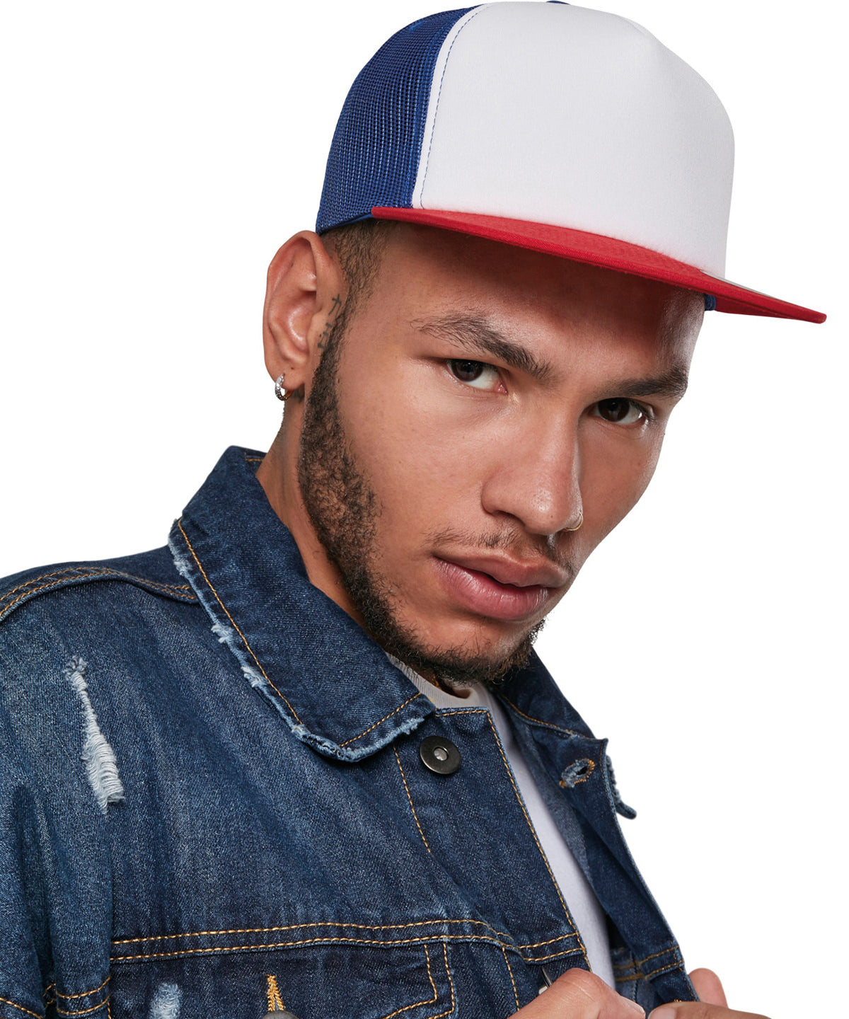 Flexfit by Yupoong Foam trucker with white front, lifestyle photo
