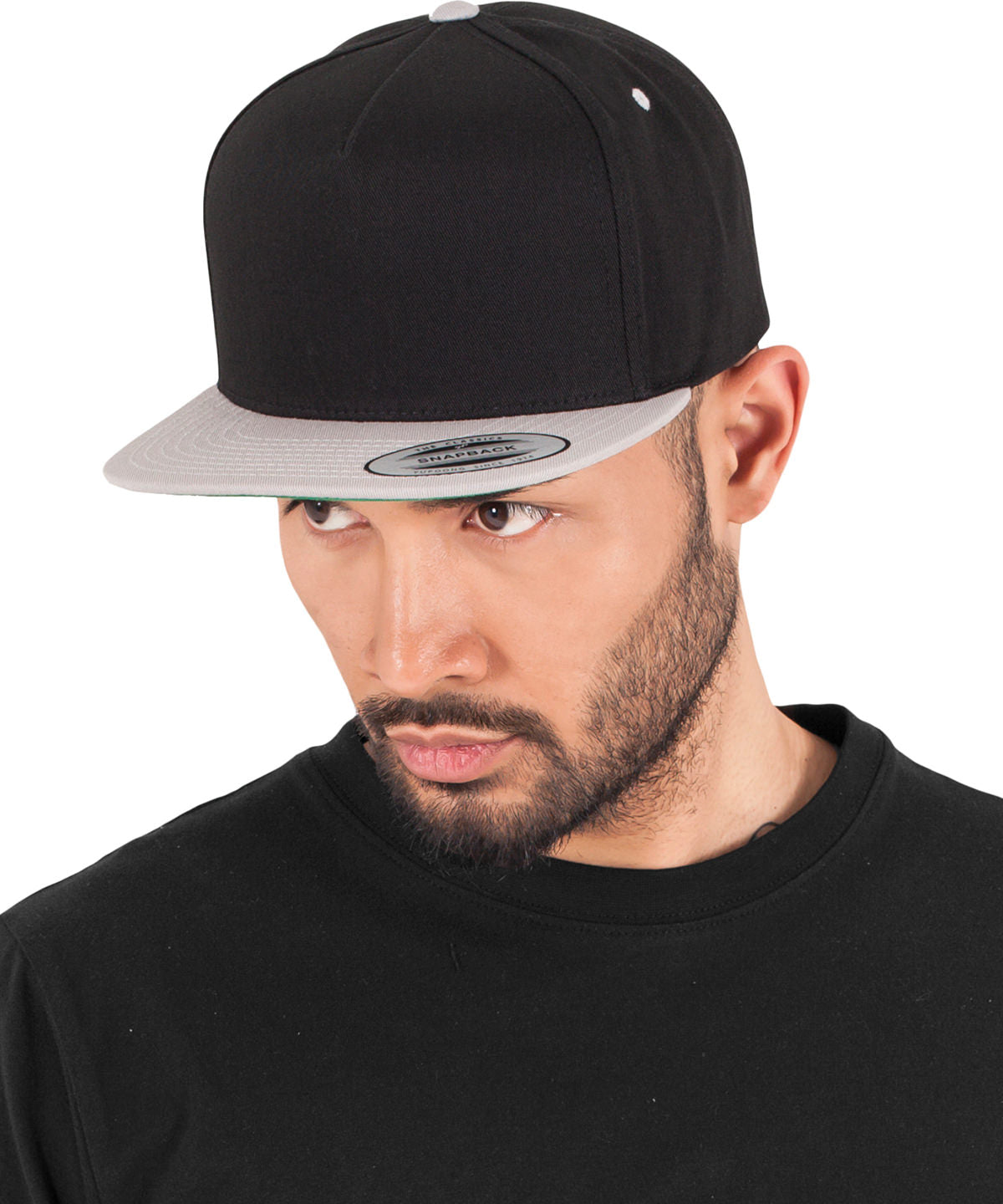 Flexfit by Yupoong Classic 5-panel snapback in Black/Silver, lifestyle photo