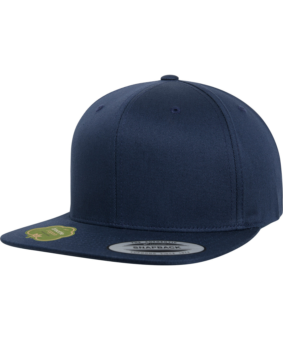 Flexfit by Yupoong Organic cotton snapback in Navy, front view