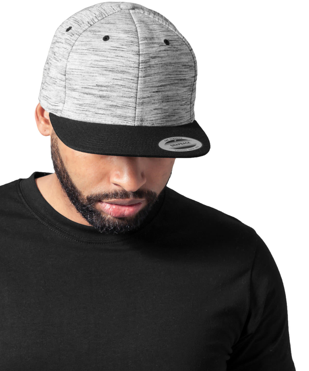 Flexfit by Yupoong Stripes melange crown snapback in Black/Grey, lifestyle photo