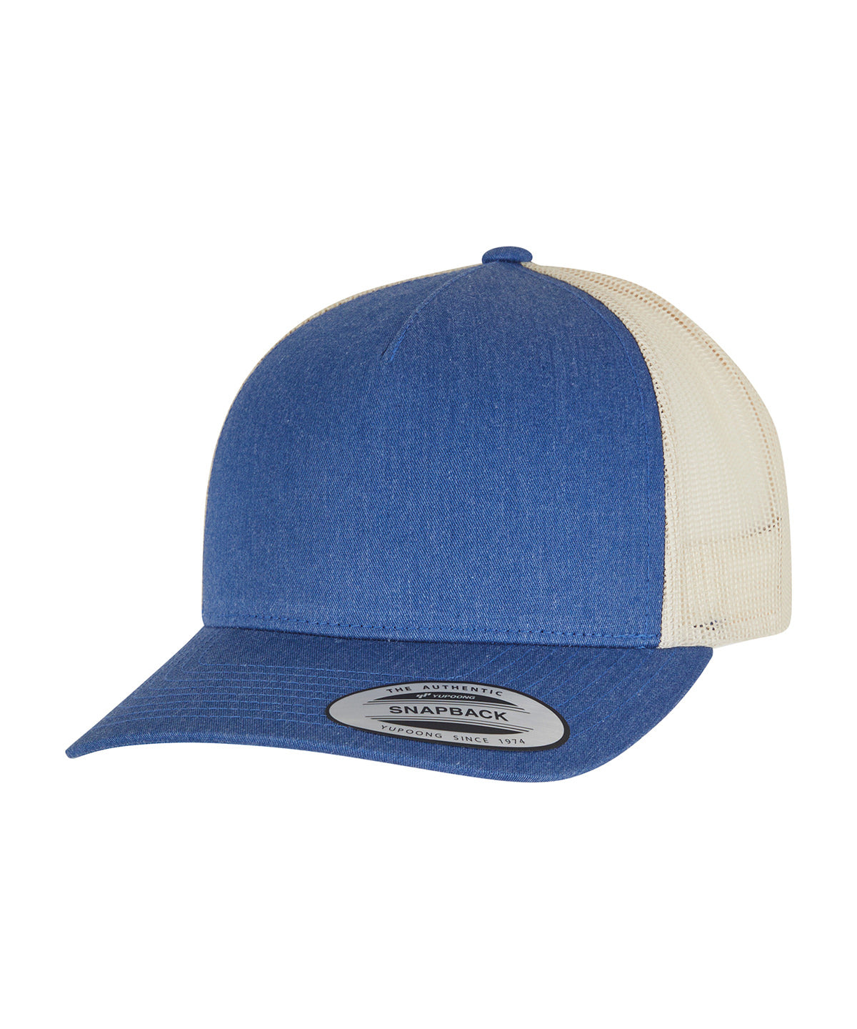 Flexfit by Yupoong 5-panel retro trucker 2-tone cap in Blue/Beige, front view