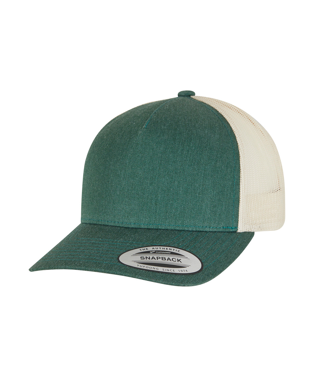 Flexfit by Yupoong 5-panel retro trucker 2-tone cap in Green/Beige, front view