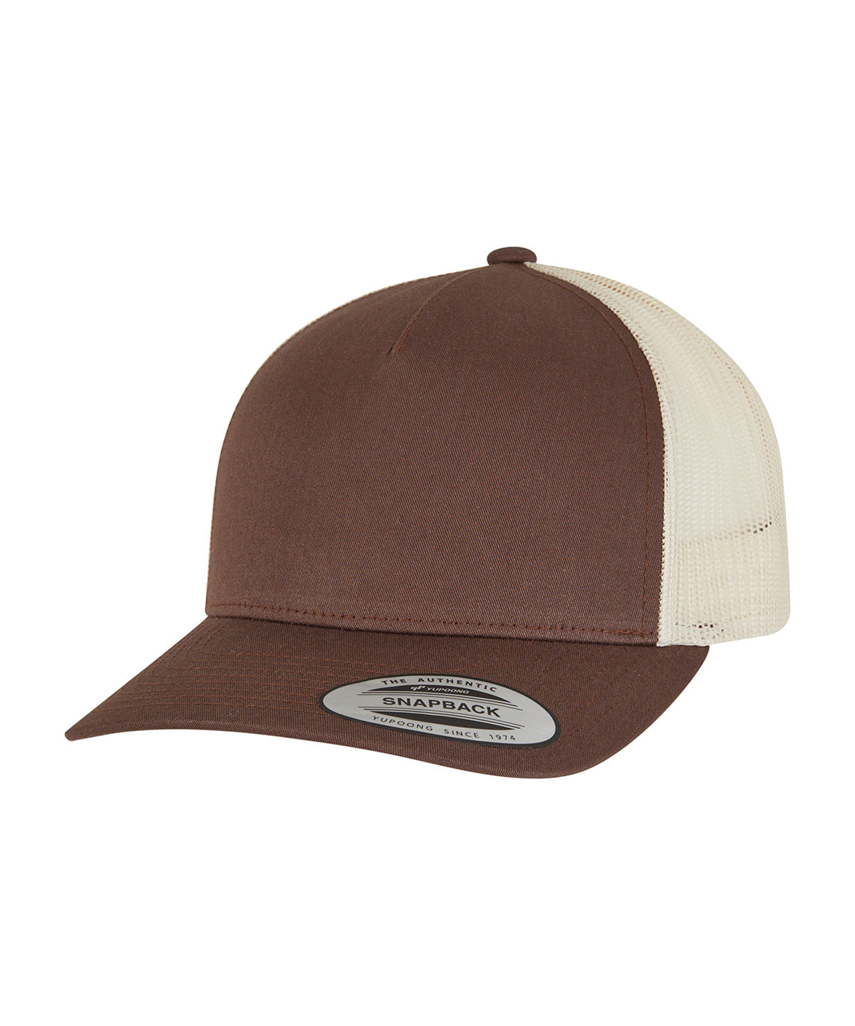 Flexfit by Yupoong 5-panel retro trucker 2-tone cap in Mustang/Beige, front view