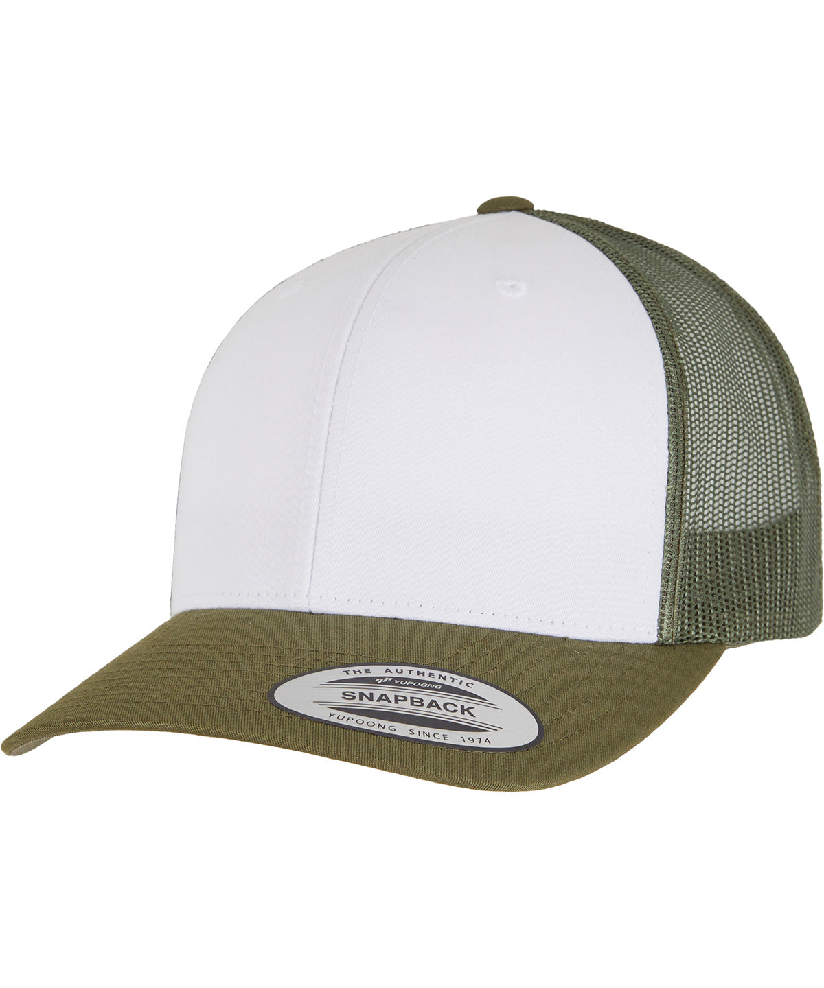 Flexfit by Yupoong Retro trucker coloured front in Moss Green/White/Olive, front view