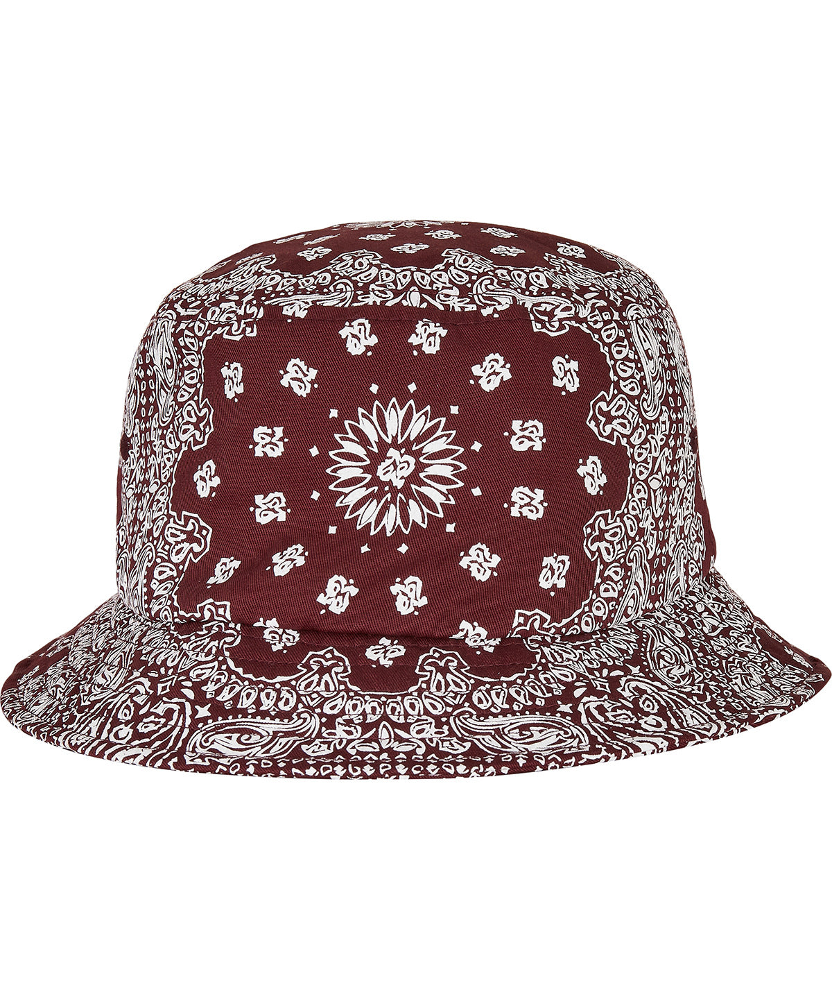 Flexfit by Yupoong Bandana print bucket hat in Cherry/White, front view