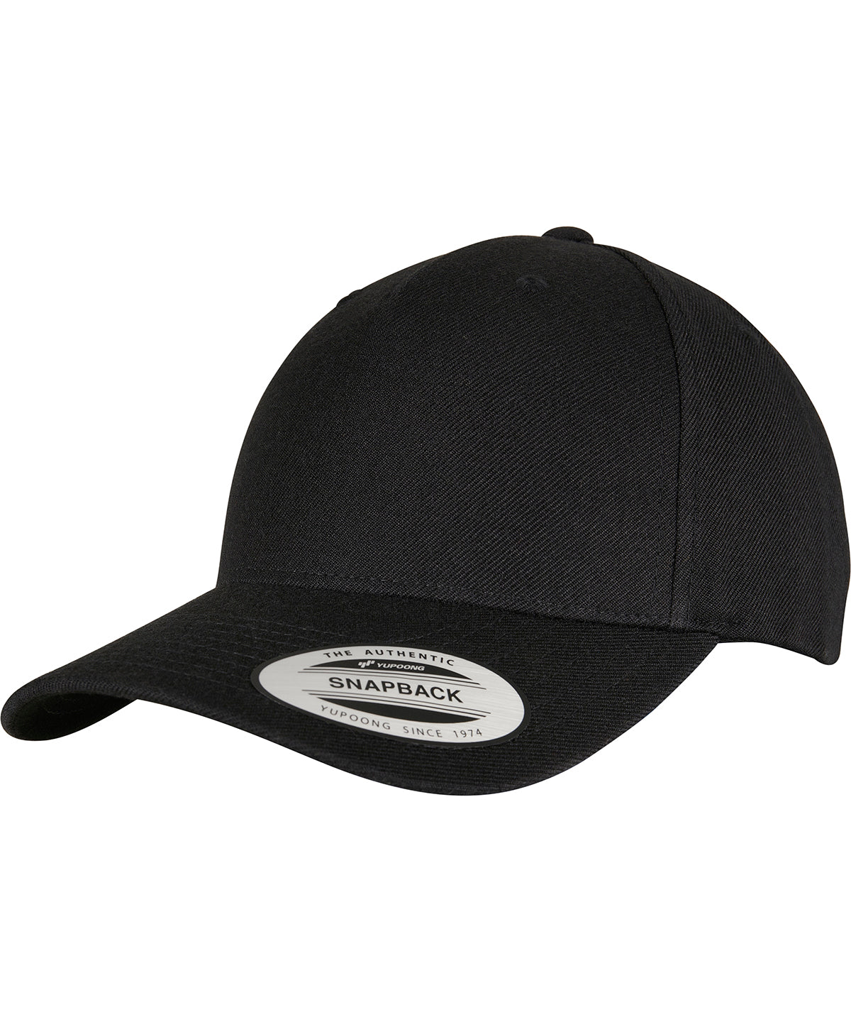 Flexfit by Yupoong YP classics 5-panel premium curved visor snapback cap in Black, front view