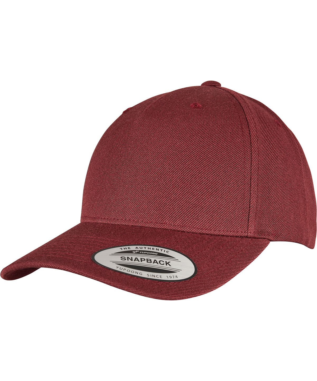 Flexfit by Yupoong YP classics 5-panel premium curved visor snapback cap in Maroon, front view
