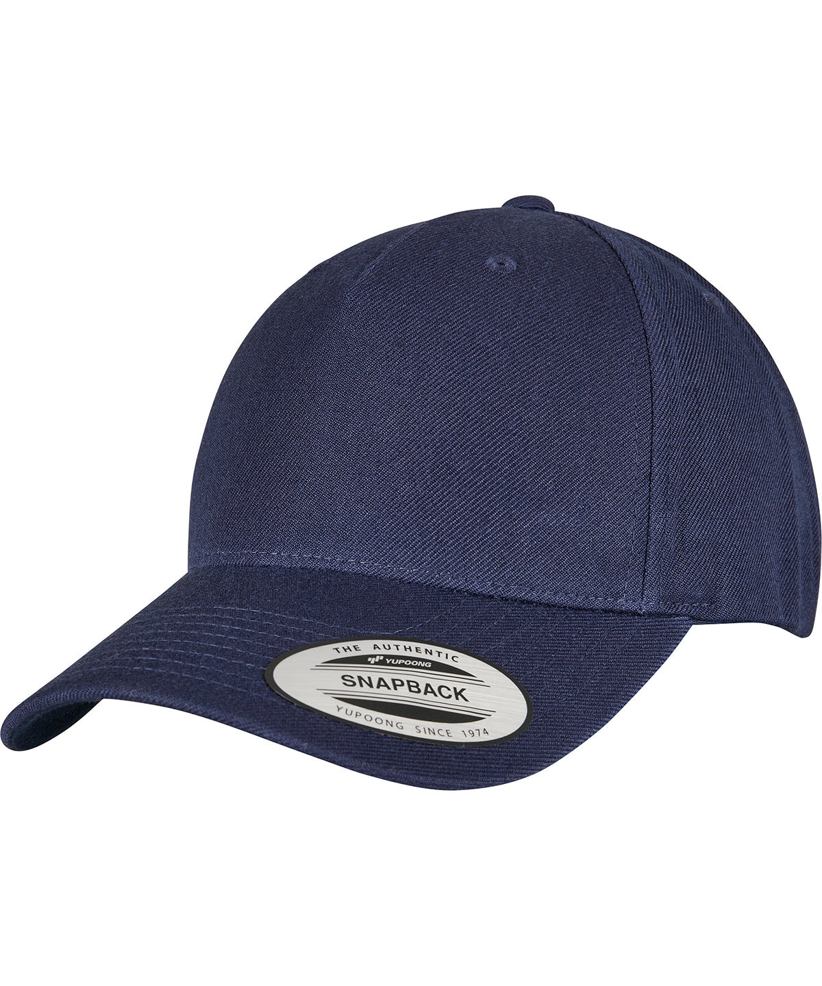 Flexfit by Yupoong YP classics 5-panel premium curved visor snapback cap in Navy, front view