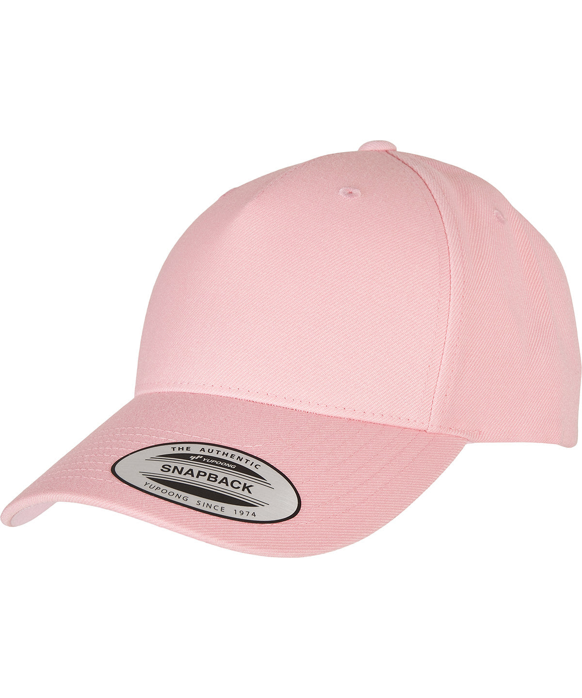 Flexfit by Yupoong YP classics 5-panel premium curved visor snapback cap in Prism Pink, front view