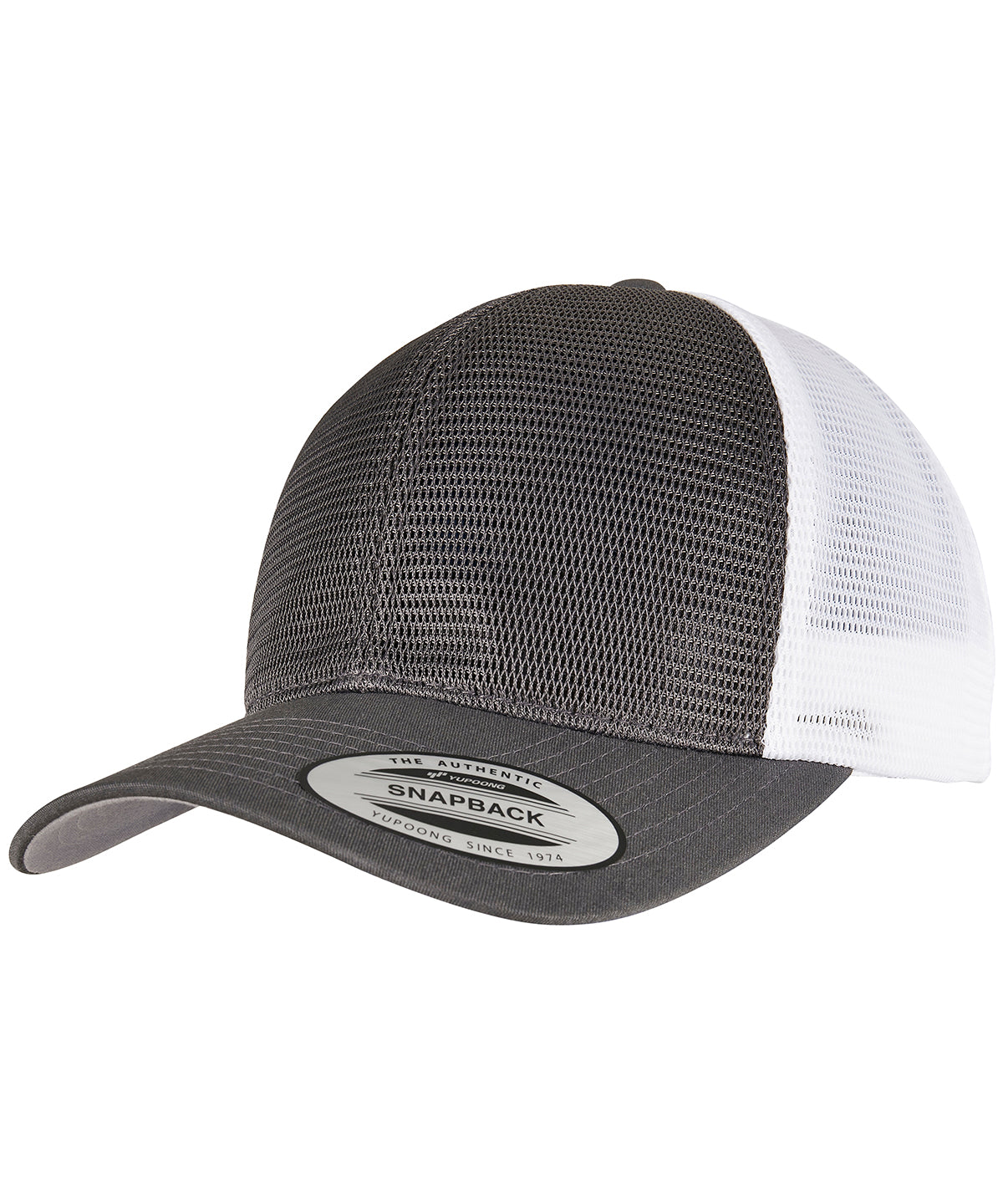 Flexfit by Yupoong 360° omnimesh 2-tone cap in Charcoal/White, front view