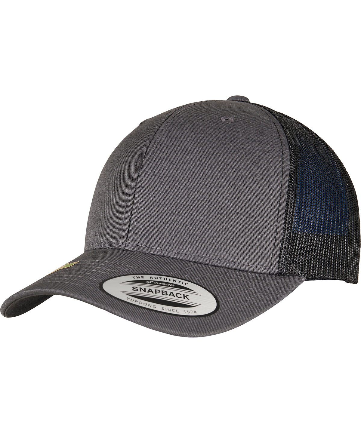Flexfit by Yupoong YP classics recycled retro trucker cap 2-tone in Charcoal/Black, front view