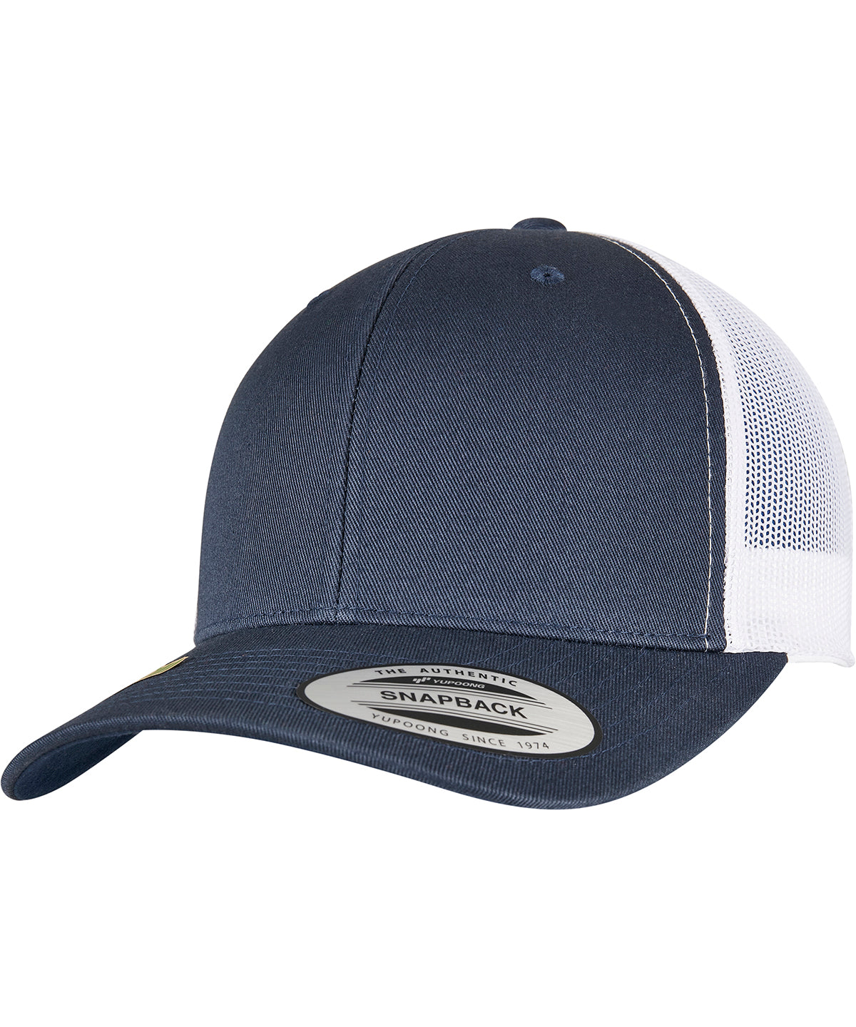 Flexfit by Yupoong YP classics recycled retro trucker cap 2-tone in Navy/White, front view