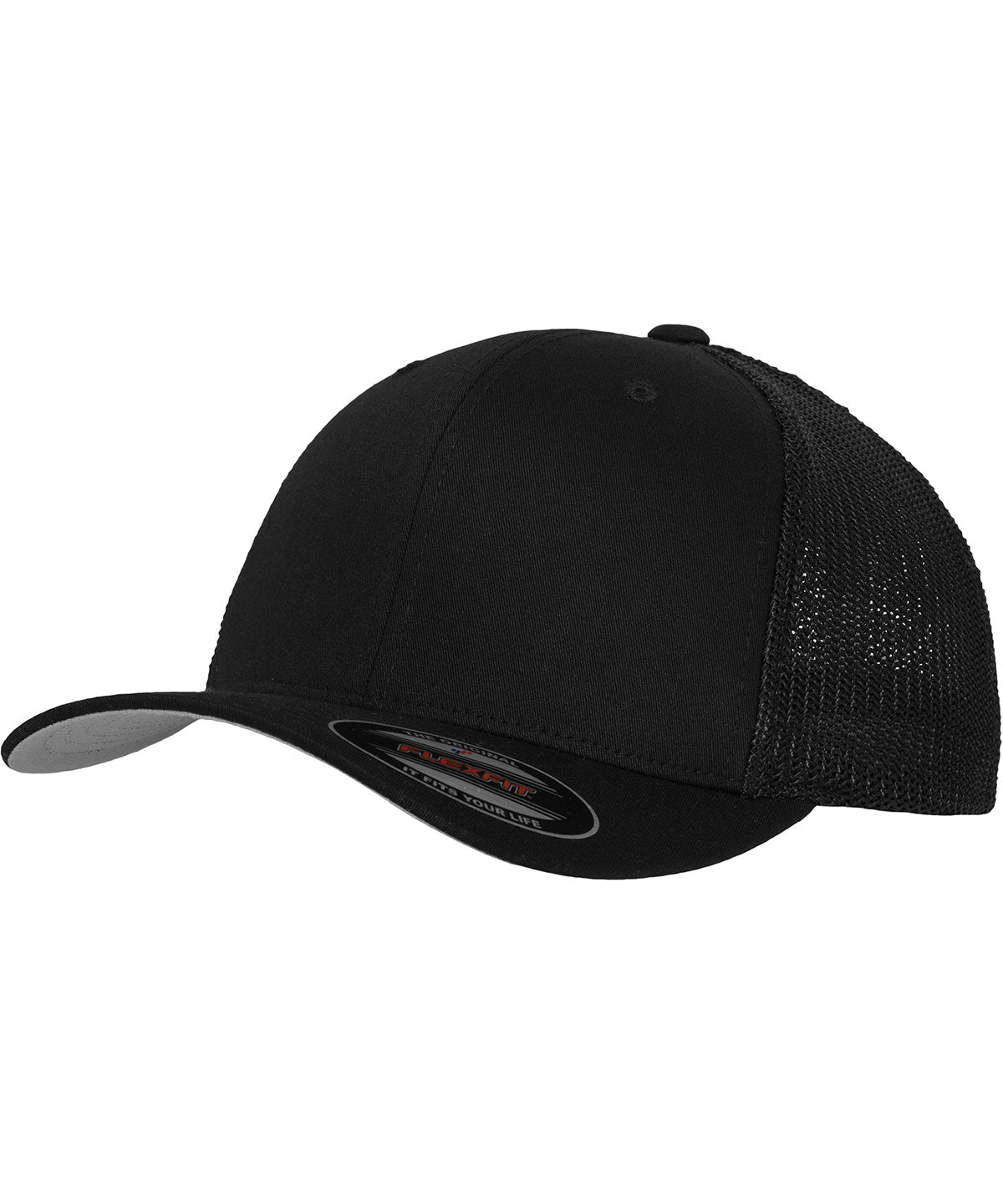 Flexfit by Yupoong Flexfit mesh trucker in Black, front view