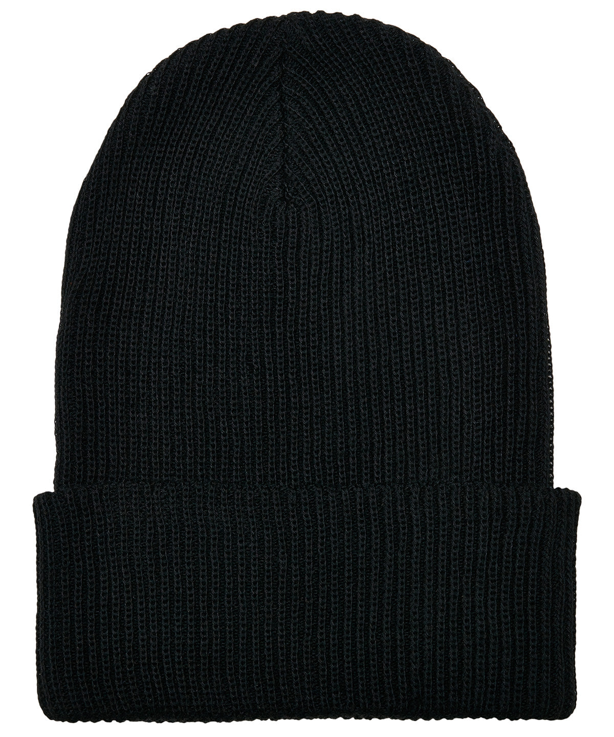 Flexfit by Yupoong Recycled yarn ribbed knit beanie in Black, front view