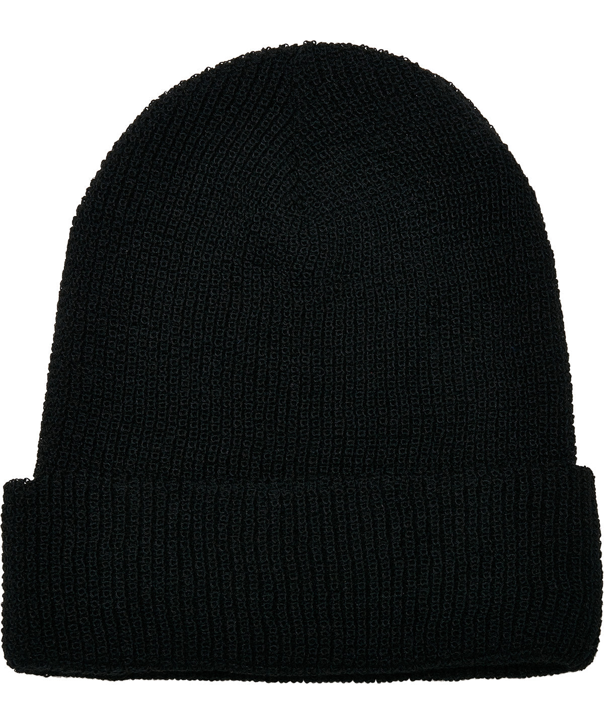 Flexfit by Yupoong Recycled yarn waffle knit beanie in Black, front view