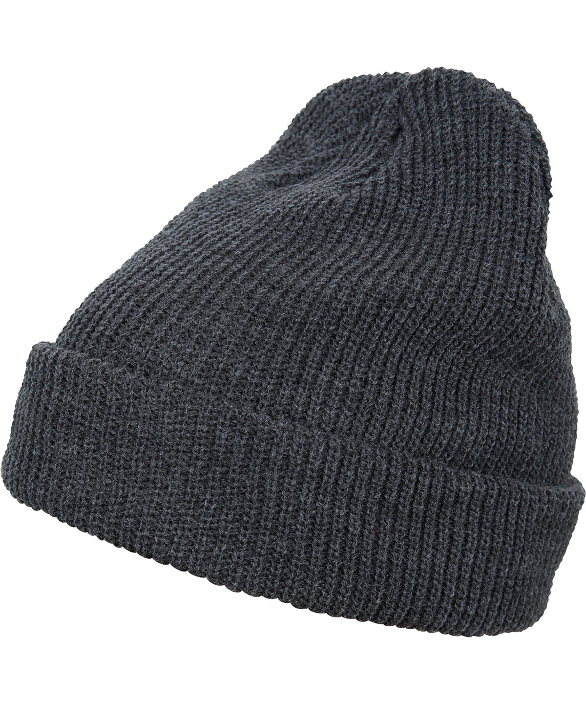 Flexfit by Yupoong Long knit beanie in Dark Grey, front view