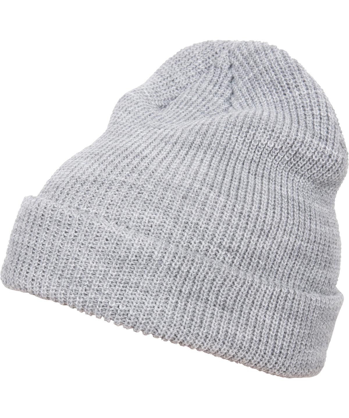 Flexfit by Yupoong Long knit beanie in Heather Grey, front view