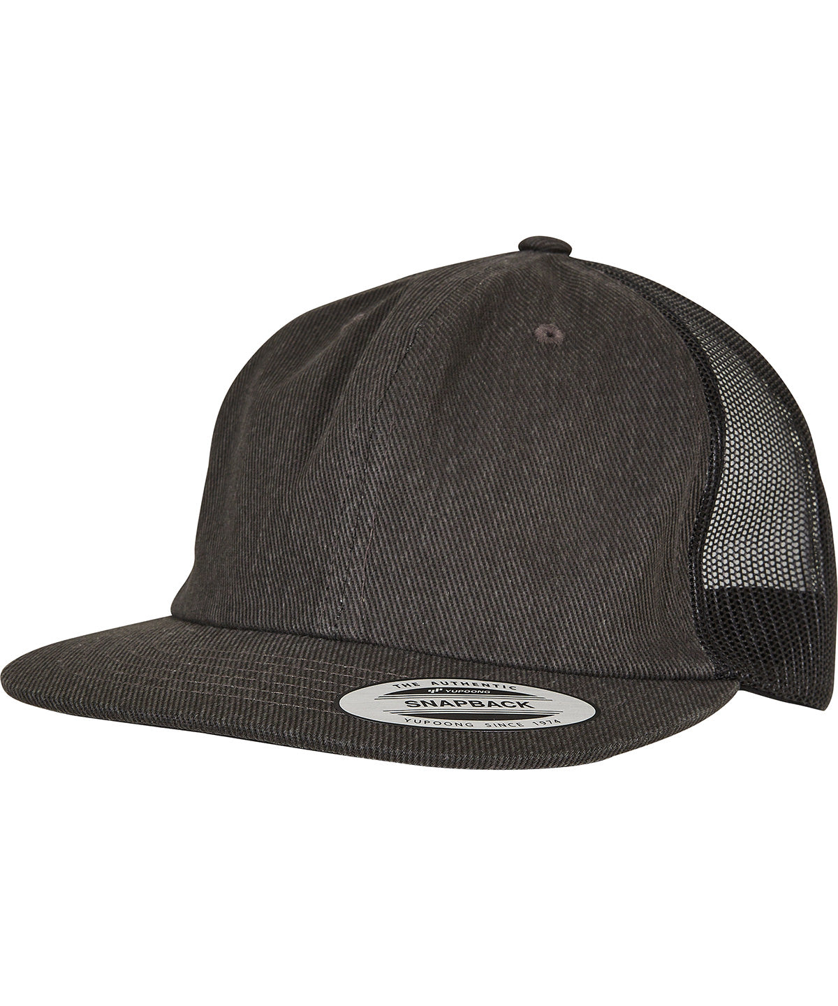 Flexfit by Yupoong Denim trucker in Black Raw, front view