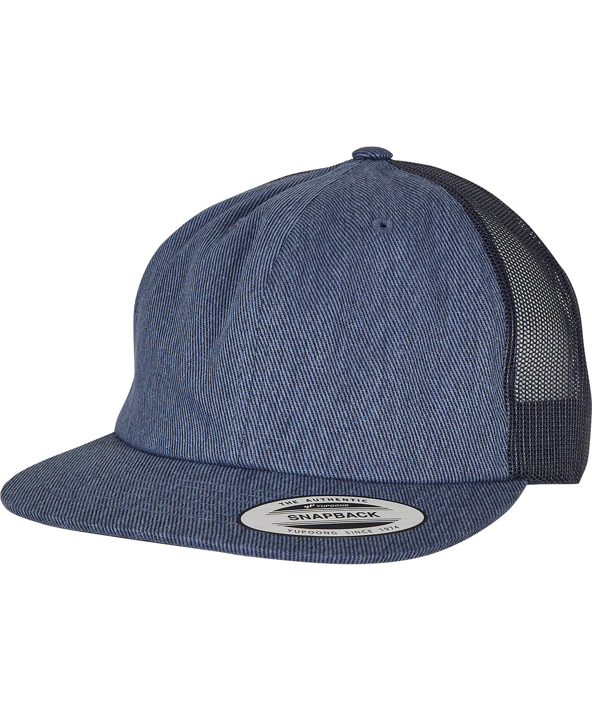 Flexfit by Yupoong Denim trucker in Blue Raw, front view