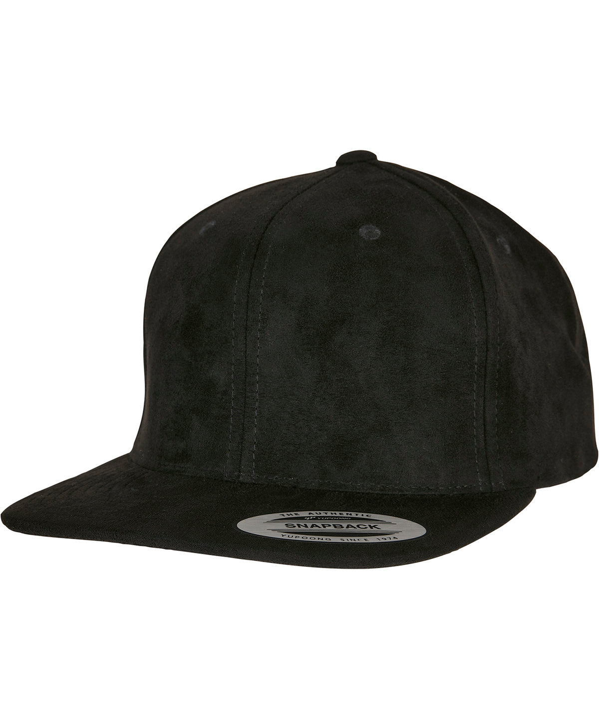 Flexfit by Yupoong Imitation suede leather snapback in Black, front view
