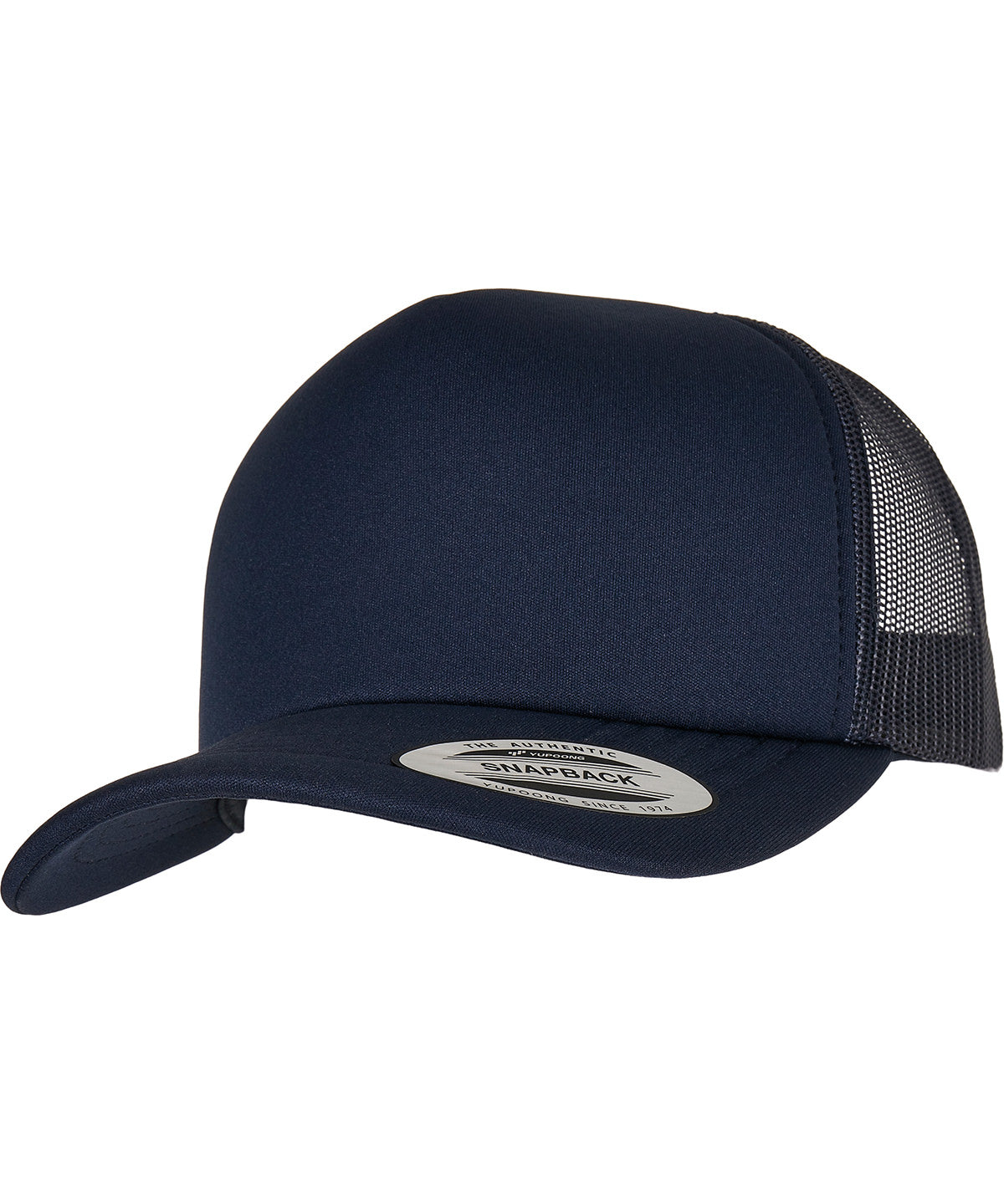 Flexfit by Yupoong YP Classics classic curved visor foam trucker cap in Navy, lifestyle photo