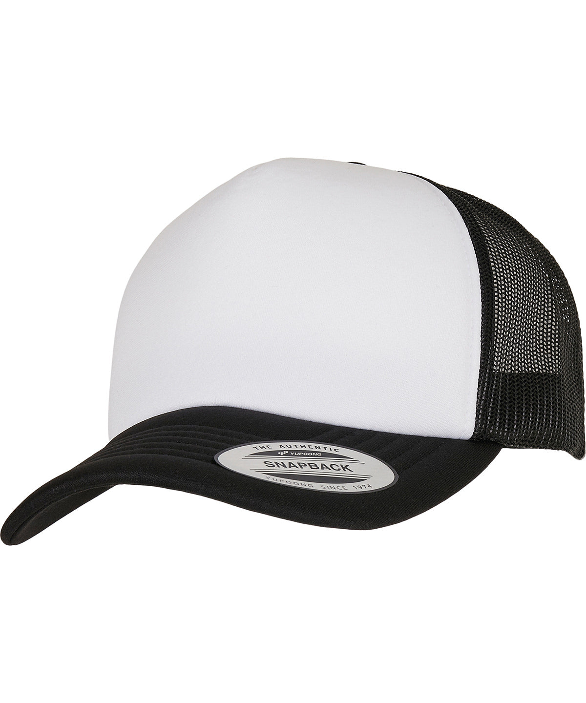 Flexfit by Yupoong YP Classics curved foam trucker cap – white front in Black/White/Black, front view