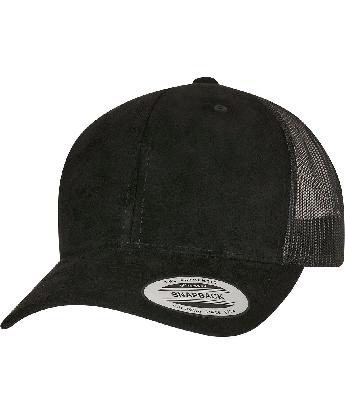 Flexfit by Yupoong Imitation suede leather trucker cap in Black, front view