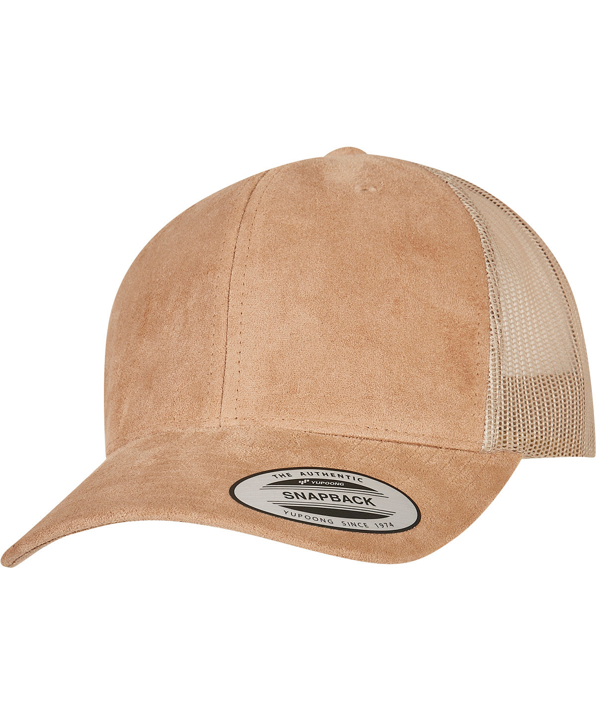 Flexfit by Yupoong Imitation suede leather trucker cap in Khaki, front view